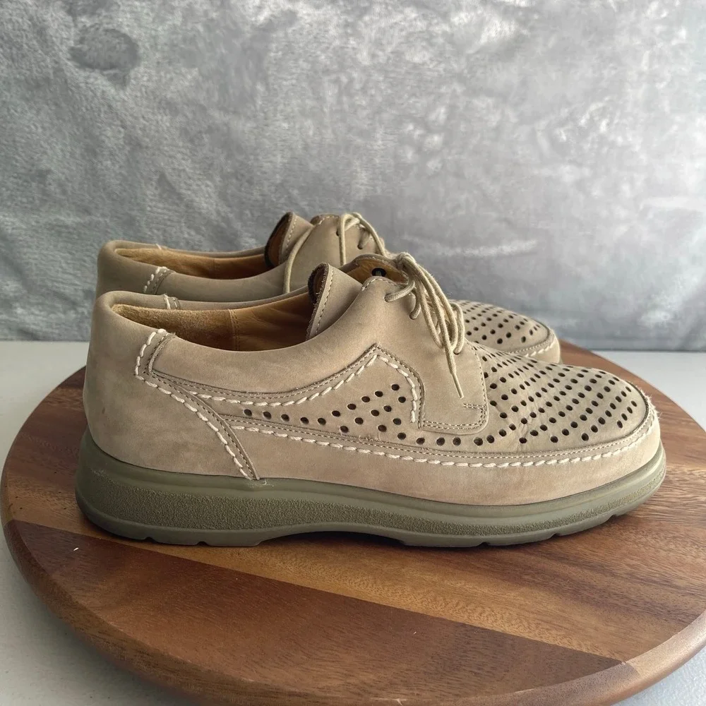 MANZ Shoes UK 7.5 G Beige Tan‎ Suede Perforated Lace Up Comfort Oxford Germany